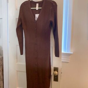 Brown Ribbed Long Sleeve Bodycon Dress